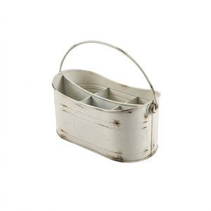 Porte-ustensiles rustique en métal galvanisé blanc vieilli à 4 compartiments avec poignées noires pour cuisine de ferme - Product Image 2