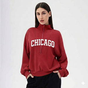 High Quality <b>Women</b> Oversized Red Chicago Print <b>Half</b>-<b>Zip</b> Terry Hooded <b>Sweatshirt</b> Regular Sleeve Knitted Polyester/Cotton Stand - Product Image 1