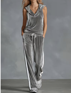 Women's Velvet Hooded Tracksuit Two Piece <b>Set</b> Sleeveless Solid Color Loose Fit Casual Wear Full Length Pants With Side Stripe - Product Image 4