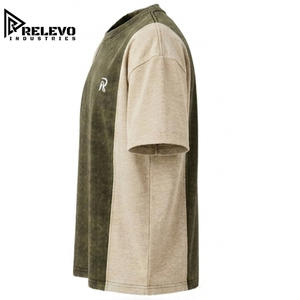 Men Premium Washed Two-Tone <b>Patchwork</b> Relaxed Fit Long Sleeve 100% Cotton Blank T-<b>Shirt</b> with Anti-Wrinkle Breathable Fabric - Product Image 2