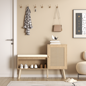 Panca Portascarpe 2-in-1 Moderna per Ingresso con Materiale in Rattan Naturale, 2 Ripiani Regolabili e Cuscino Rimovibile - Product Image 3