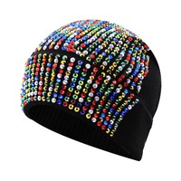 Bonnet en tricot à revers plissé orné de cristaux en maille dense, durable, de haute qualité, respirant et personnalisable