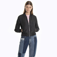 Blouson bomber matelassé noir pour femme, manches longues, fermeture éclair, couleur unie, vêtement d'automne, longueur normale, matière polyester