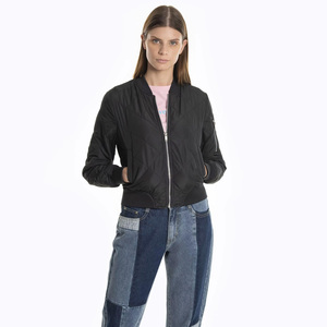Black Quilted Bomber <b>Jacket</b> Women's Full Sleeve Zipper Closure Solid Color Autumn Wear Regular Length Polyester Material - Product Image 2