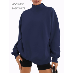 <b>Women's</b> <b>Navy</b> Blue Oversized Mock Neck Sweatshirt Striped Long Sleeve Pullover Custom Logo Fleece Knit <b>Top</b> <b>for</b> Autumn - Product Image 2