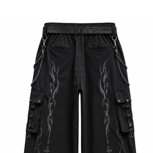 Men's <b>Black</b> Gothic <b>Cargo</b> Pants with Cross Print Wide Leg Fit Chain Detail and Adjustable Drawstring - Product Image 4