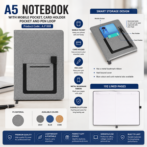 <b>A5</b> Premium PU Leather <b>Notebook</b> Saddle Stitching Binding 192 Paper Pages Card Holder Pen Loop Metal Ribbon Promotion Gifting - Product Image 1