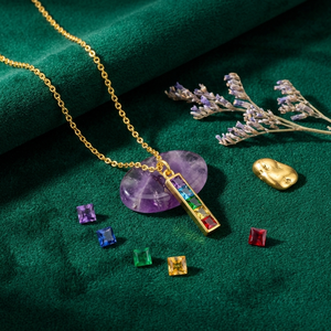 Colgante de Barra con Piedra de Nacimiento |   Cadena de Cuerda de Latón Chapada en Oro de 18K con Corte Cuadrado de Múltiples Piedras Preciosas, Joyería Hecha a Mano para Regalo - Product Image 1