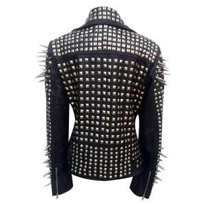 Veste en cuir véritable pour femme, style motard, noire, coupe slim, style punk, avec clous métalliques, veste en cuir véritable - Product Image 2