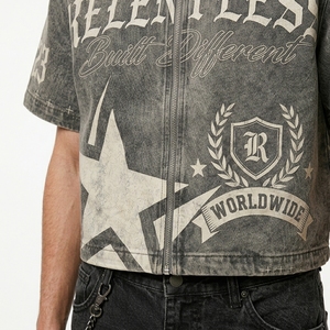 เสื้อแจ็คเก็ตยีนส์ฟอกสีแขนสั้นผู้ชายสั่งทำพิเศษ ผ้าฝ้าย 100% ซิปหน้า สไตล์สตรีทแวร์ สำหรับฤดูใบไม้ผลิ ฤดูร้อน ฤดูใบไม้ร่วง ฤดูหนาว - Product Image 4