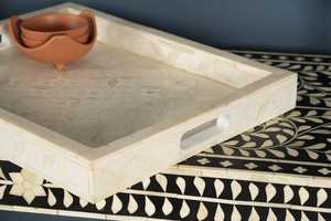 Bandeja Redonda Hecha a Mano con Incrustaciones de Hueso: Decoración Geométrica para Mesa de Centro - Product Image 2