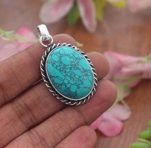Pendentif en argent sterling 925 avec turquoise naturelle, fait main, ovale, vintage, bijou statement pour femme, cadeau - Product Image 6