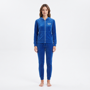 Women's Blue <b>Velour</b> Hoodie Jogger Set Full Zip Front Logo Casual <b>Tracksuit</b> Winter Wear Wholesale - Product Image 1
