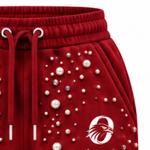 <b>Red</b> Pearl Beaded Jogger Pants <b>Women</b> Fashion Embellished Drawstring Sweatpants Luxury Casual Streetwear Fleece <b>Trousers</b> - Product Image 6