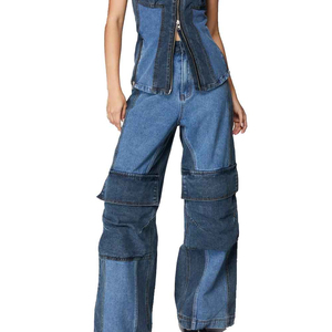 Prix de gros : Jean cargo en denim respirant à coupe droite et jambe large, personnalisé, de haute qualité, pour femme, grande taille, hiver, color block - Product Image 1