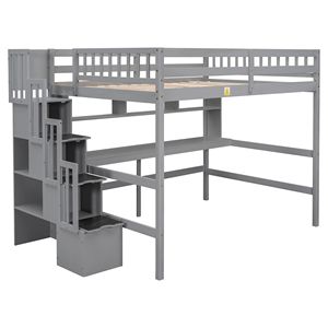 Letto a soppalco grigio a grandezza naturale con scrivania, scaffali portaoggetti e scala - Product Image 1