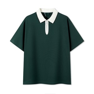 Chemise décontractée pour femme, bleu marine, à manches courtes, col blanc, fermeture éclair, tricotée, respirante, 100 % coton, couleur unie, longueur standard - Product Image 2