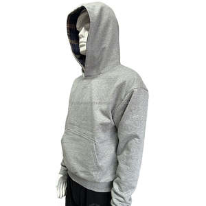 Sweat à capuche réversible en coton épais 100 %, doublure en flanelle à carreaux, poche brodée, pull personnalisé avec logo, double couche, coupe oversize - Product Image 2