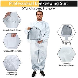 Combinaison d'apiculteur intégrale blanche avec voile amovible, niveau D, coupe ample, respirante, coutures soudées, manches en polyester - Product Image 4