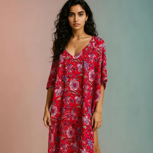 Handcrafted Red Floral Printed Cotton <b>Kaftan</b> Women Elegant V-Neck <b>Summer</b> Loungewear Breathable Bohemian Midi High Waist - Product Image 1