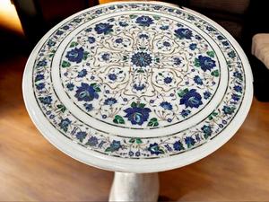 Mesa de Comedor de Mármol Blanco con Incrustaciones de Piedra Lapislázuli, Mesa para Sala de Estar y Pasillo, Mesa Decorativa Personalizada para el Hogar - Product Image 1