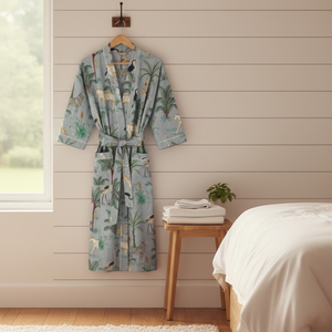 Kimono artisanal en coton gris jungle |   Robe de chambre à manches longues et col en V pour femme |   Robe longue de style chef-d'œuvre avec cordon de serrage - Product Image 6