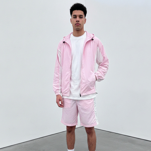 Men's Pink Color Block Windbreaker Jacket and Shorts <b>Set</b> Hooded Casual Outwear Summer Breathable <b>Knitted</b> Polyester Tracksuit - Product Image 4