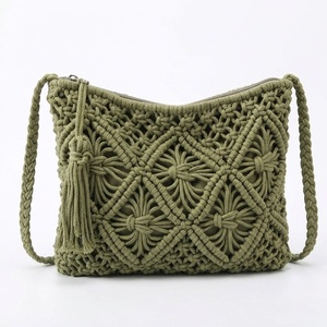 Handmade Bag for Women Stylish <b>Green</b> Cotton Rope Hand Woven Shoulder Sling Bag with Zipper Closure Casual Beach Travel <b>Purse</b> - Product Image 1