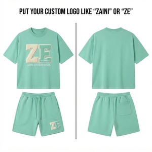 Men T Shirt and Short Set Premium 280 GSM Cotton French Terry Mint <b>Green</b> Soft Breathable Custom 3D Embroidery Logo Casual Wear - Product Image 1