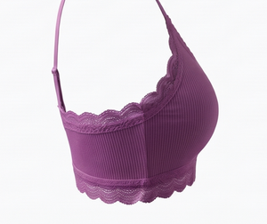 Soutien-gorge sans armatures pour femme, violet, avec dentelle, en tricot de spandex respirant, à porter au quotidien, demi-bonnet, non doublé - Product Image 5