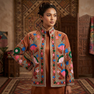 Chaqueta Bomber de Terciopelo Marrón con Bordado |   Blusa Floral con Cuello Mao para Mujer, Prenda Casual Hecha a Mano, Obra Maestra con Forro de Algodón - Product Image 2