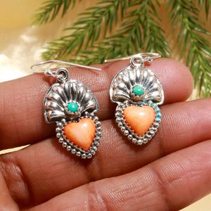 <b>Handmade</b> Dangle <b>Earrings</b> Fine Jewelry Wholesaler 925 Sterling Silver Heart Shape Natural Red Coral Gemstone Bezel Setting - Product Image 1
