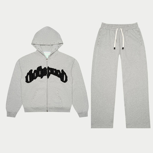 2026 Trending Design Heavyweight French Terry Cotton Distressed Embroidery Patch Full Zip Hoodie and Jogger Pant Sweatsuit - Product Image 1