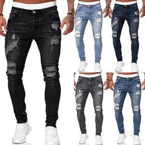 Jeans pour hommes, déchirés aux genoux, stretch, skinny, denim, couleur unie, noir, bleu, automne, été, style hip-hop, coupe slim, pantalon, tailles S-4XL - Product Image 1