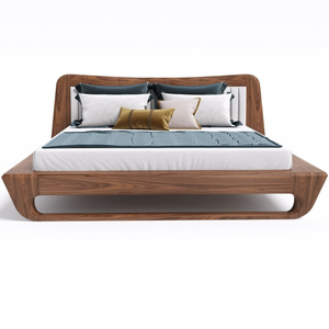 Luxury Teak Wood Platform <b>Bed</b> Elegant Curved Base Floating Bedroom Set - Product Image 1