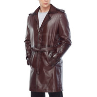Manteau long en cuir véritable pour homme, violet et noir, écologique, à double boutonnage, avec ceinture, col rond, manches classiques