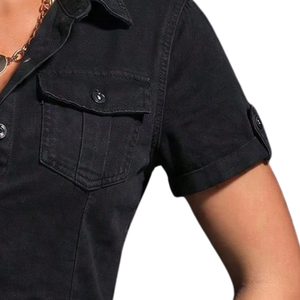 Camisa de Mezclilla Negra para Mujer, Cuello Camisero, Manga Corta Enrollable, Botones, Estilo Vintage, Corte Regular, 100% Algodón, para Uso Diario y Oficina - Product Image 3