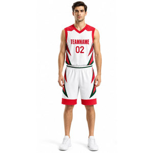 Conjunto de Uniforme de Baloncesto Sublimado Personalizado, Blanco, Rojo y Verde, Cuello en V, Sin Mangas, Absorbe la Humedad, Ajuste Atlético, Nombre del Equipo 02, Todas las Temporadas - Product Image 4