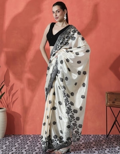 Sari KV de Seda Chinon con Estampado Floral Tradicional, Listo para Usar, con Blusa sin Coser para Fiestas y Eventos - Product Image 4