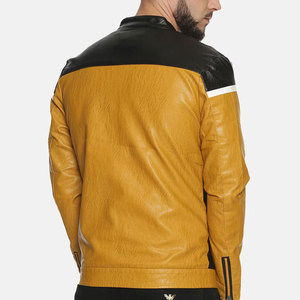 เสื้อแจ็คเก็ตหนังผู้ชายสีดำและเหลืองแบบ Color Blocking ทรง Moto ซิปหน้า ทรงปกติ ใส่ได้ในฤดูใบไม้ร่วง - Product Image 2