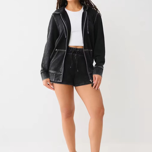 Solid Color <b>Women's</b> Zipper Up Hoodie Shorts 2-Piece <b>Set</b> 100% Cotton Fleece Casual Wear Breathable Hooded <b>Twin</b> <b>Set</b> Tracksuits - Product Image 1