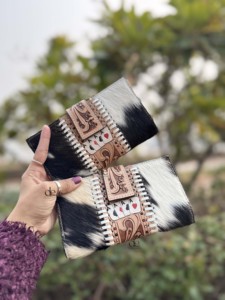 Hand Tooled Carving Cards Wallet Clutch <b>Phone</b> Case Stylish Cowhide Fur Leather Wallet Multi Uses Western Leather Wallets - Product Image 4