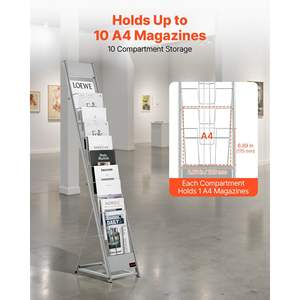 Présentoir de brochures portable en métal argenté à 10 pochettes, support de magazines sur pied, support de littérature, porte-catalogues pour journaux - Product Image 2