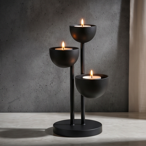 Contemporary Textured Dark Gray Finish <b>Metal</b> Candle Holder Sculptural Multi Tier Staggered <b>Bowl</b> Art Piece for Luxury Interior - Product Image 5