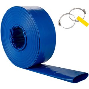 Tubo di scarico piatto in PVC per impieghi gravosi da 2 pollici x 105 piedi, resistente alle intemperie e anti-rottura, per giardino e controlavaggio, morsetto incluso - Product Image 1