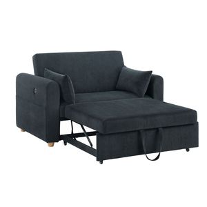 Divano letto trasformabile Marielle 55"W in velluto a coste nero con porte USB, tasche porta riviste e cuscini - Product Image 2