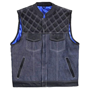 Men's Denim Moto Biker Vest Stand Collar <b>Quilted</b> Panel Pockets Breathable Autumn Outer Wear Regular Fit - Product Image 1