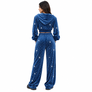 Conjunto de dos piezas de terciopelo con diamantes de imitación para mujer, de moda, azul, con sudadera corta con cremallera y pantalón de pierna ancha, OEM - Product Image 2
