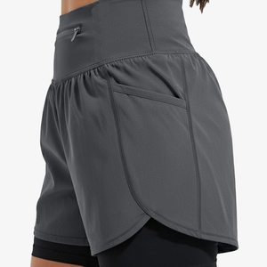 Shorts de sport pour femmes, couleur unie, taille mi-haute, fermeture à cordon, séchage rapide, tricoté, coupe régulière avec poches, broderie 3D - Product Image 5