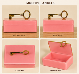<b>Pink</b> Glass Keepsake Storage Box with Gold Tone Key Handle Glossy Finish Decorative Jewelry and Vanity Organizer - Product Image 3